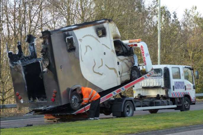 The burnt out horsebox has been recovered. Pic: Andy Clark