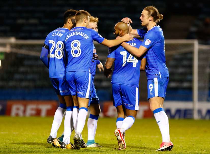 Gillingham celebrate their equaliser against Bury Picture: Andy Jones