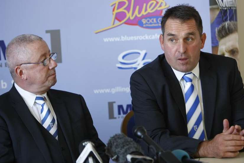 Gillingham chairman Paul Scally and manager Martin Allen