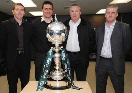Captain Paul McCarthy, manager Liam Daish, secretary Roly Edwards and interim chairman Brian Kilcullen with the FA Trophy. Picture: Barry Goodwin