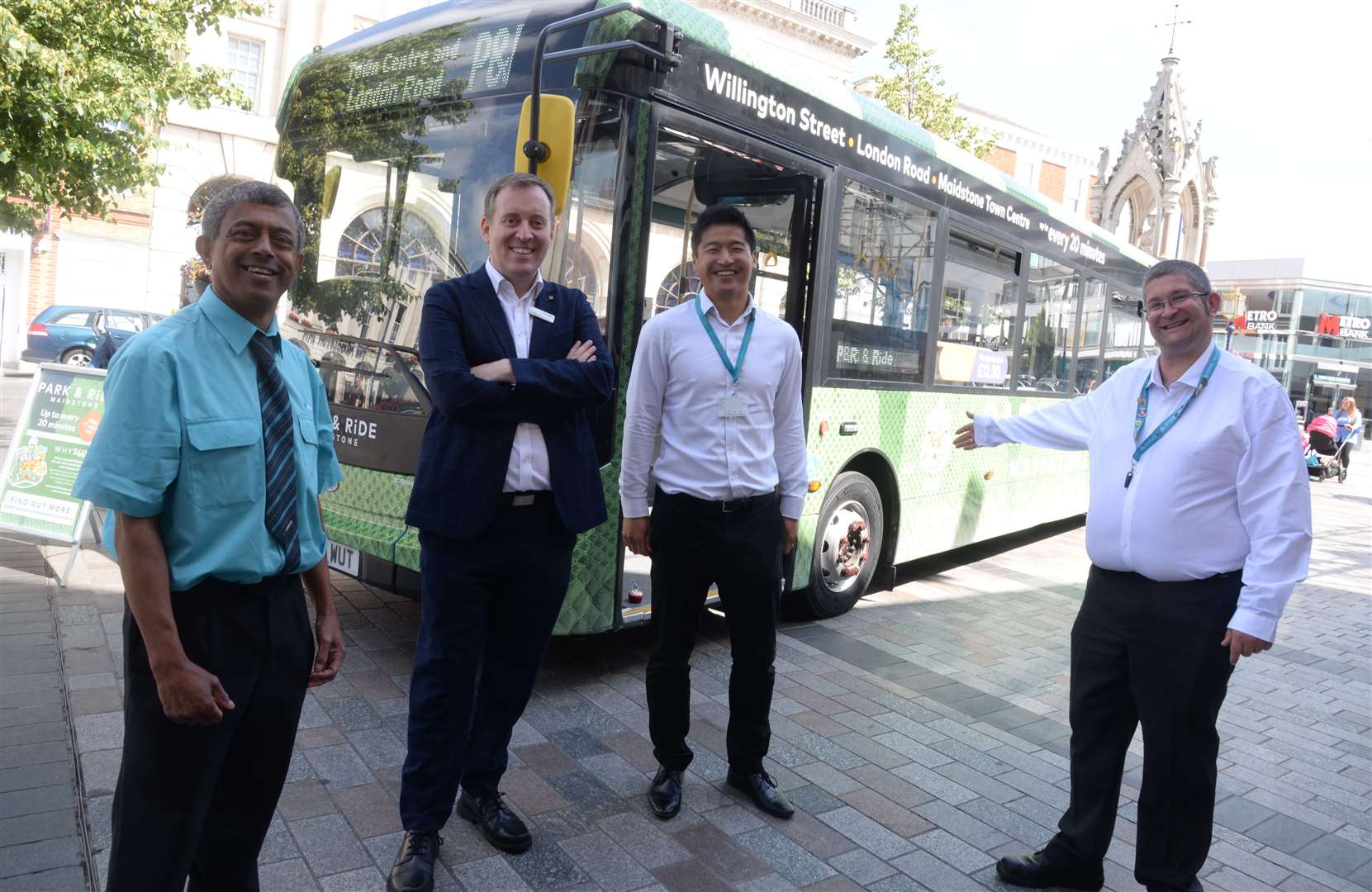 A new fleet of buses were unveiled in 2019, left to right: drivers Kenneth D'Souza and Jason Hood, with Arriva area MD Oliver Monahan and regional MD south Simon Loh Picture: Chris Davey