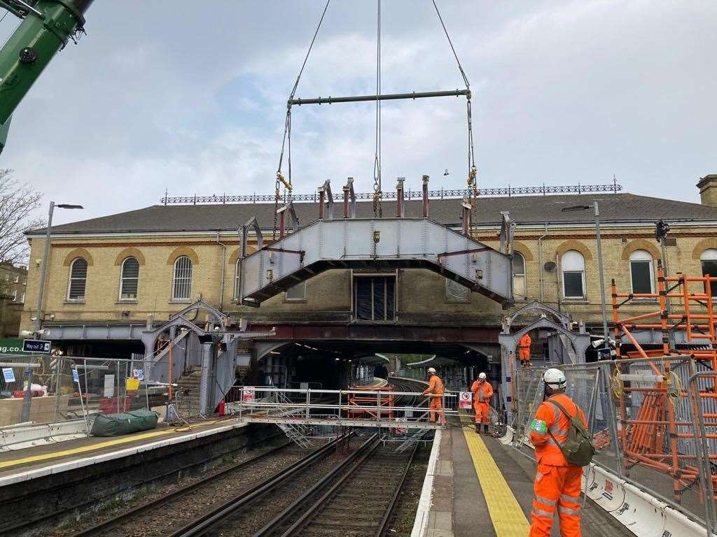 The old footbridge at Chatham station has been removed to make way for a new one under the Access for All Scheme. Picture: Network Rail