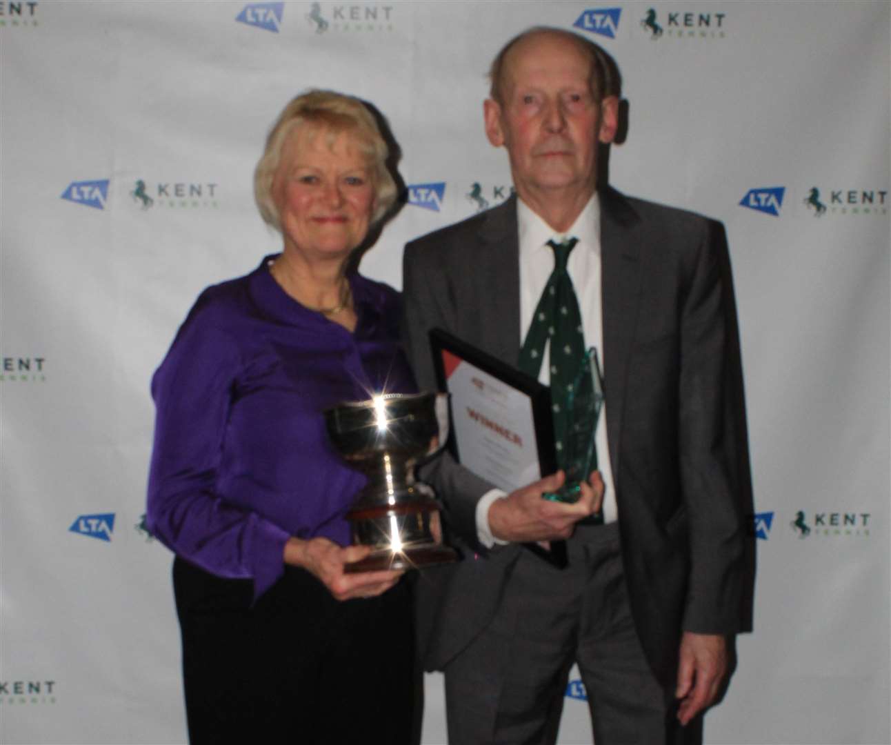 Stephen Woodley of Canterbury LTC, pictured with Kent Tennis president Mary Evans, won a lifetime achievement award