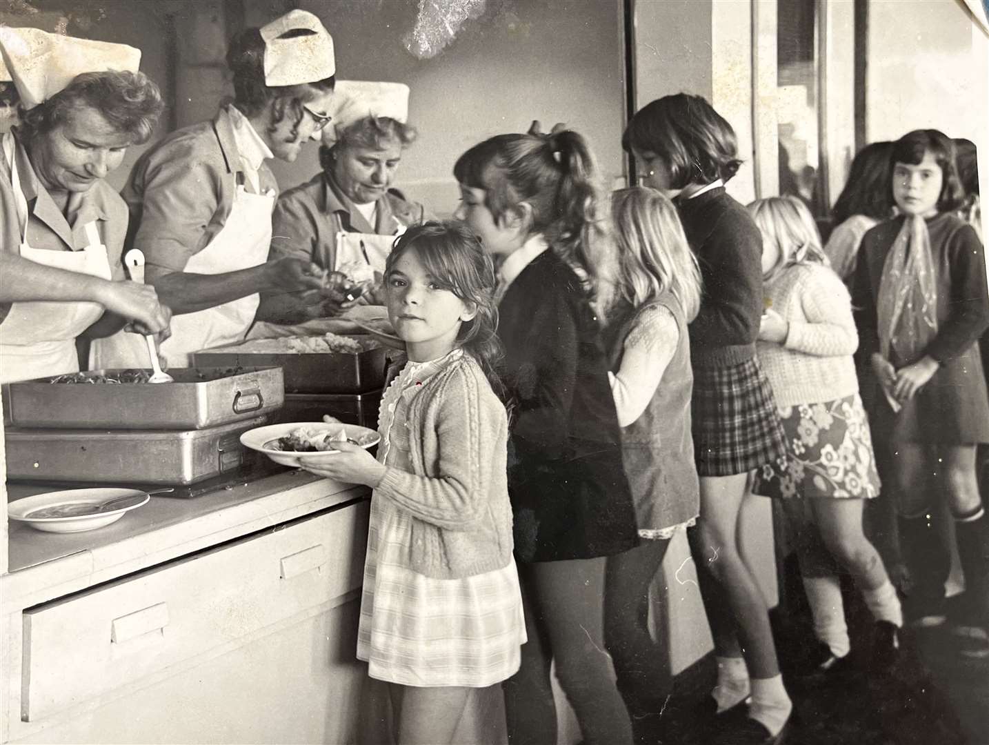 Pupils queue up for their lunch at Temple Hill school in the 1970s