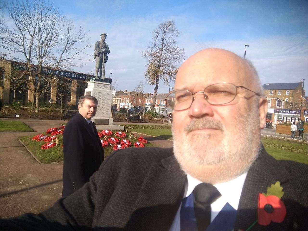Dartford council leader Cllr Jeremy Kite at the war memorial with Dartford MP Gareth Johnson in the background. Picture: Jeremy Kite (43050519)