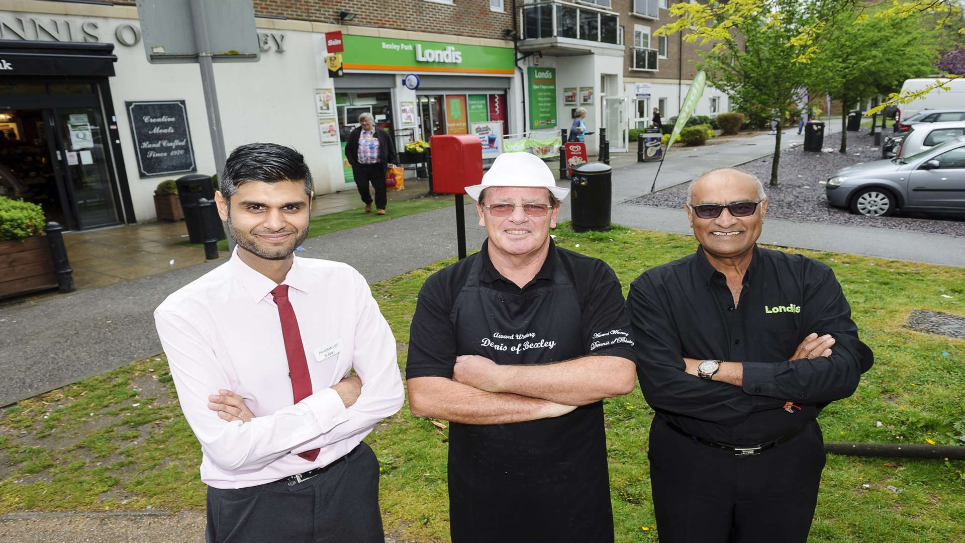 Sunny Chandarana, of McQueen's Pharmacy, Keith Mulford of butchers Dennis of Bexley and Kiran Patel of Bexley Park Londis