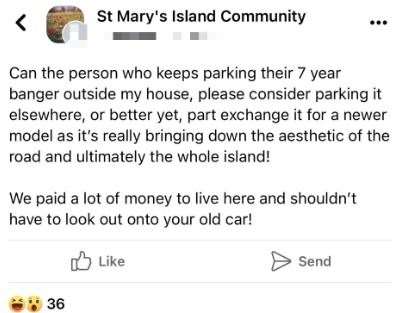 A social media about a 'banger' car needing to be removed from St Mary's Island in Chatham has left people wondering if it is a joke or snobbery. Photo: Facebook/St Mary's Island Community Group