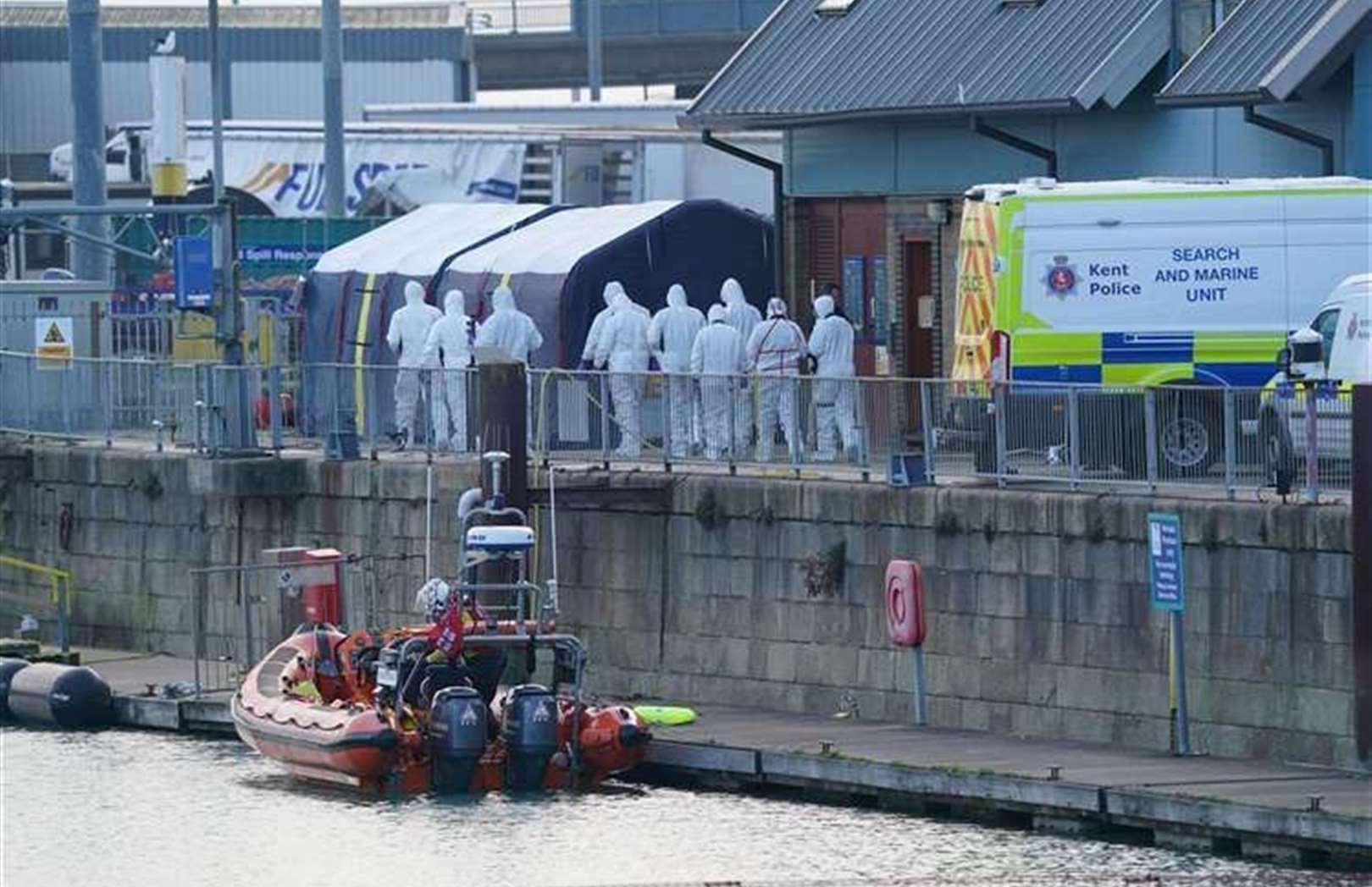 Emergency services at the RNLI station at the Port of Dover after four people died when a migrant boat capsized in the Channel. (Gareth Fuller/PA)