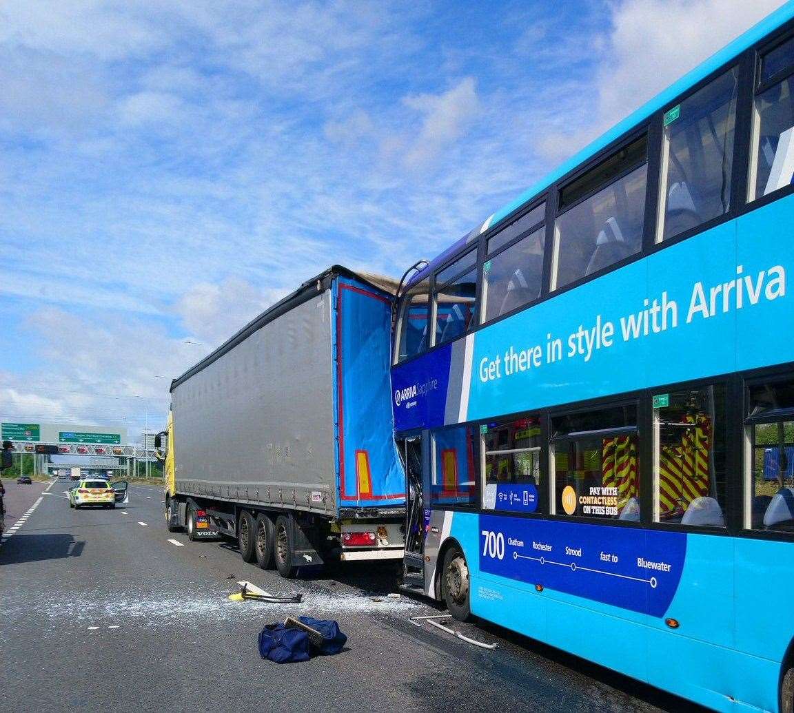 A double decker bus collided with a lorry on the A2 Watling Street, near Gravesend. Picture: @kentpoliceroads