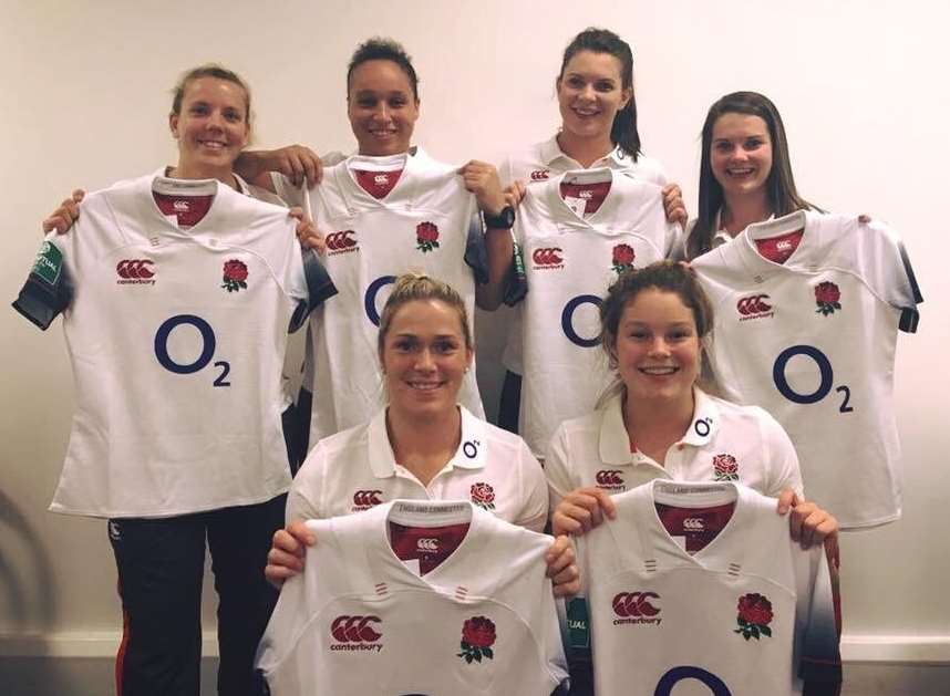 Shaunagh Brown, back row second from left, with her Harlequins and England team-mates