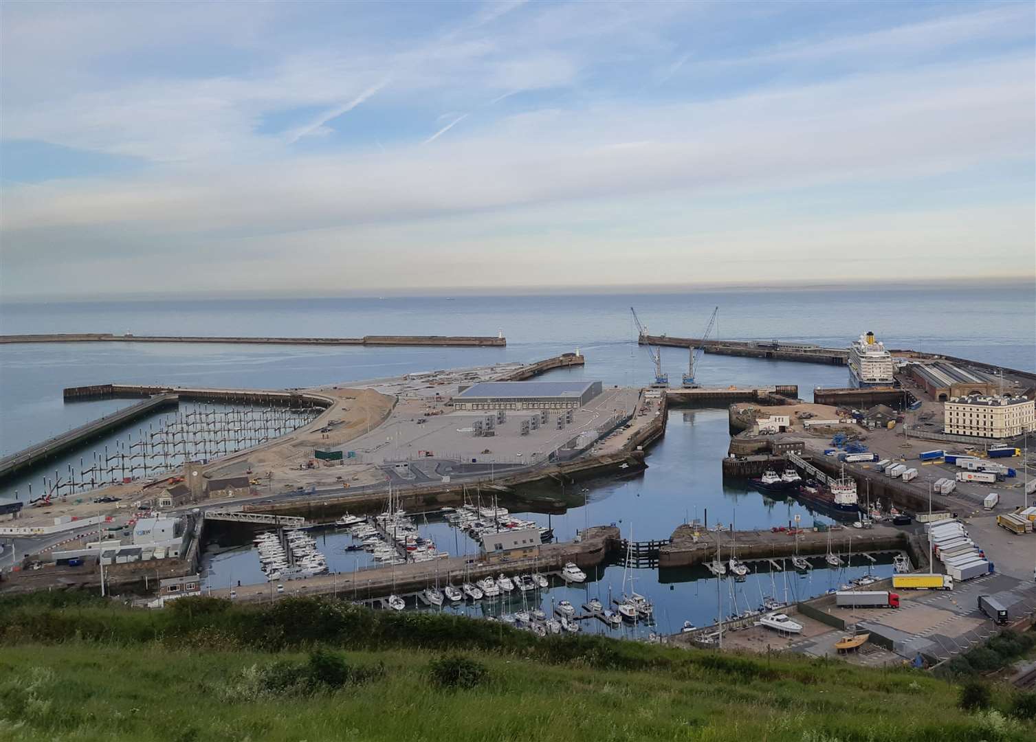 The continuing progress on the Dover Western Docks Revival, as shown early this month. Admiralty Pier is on the right behind Lord Warden House and Cruise Terminal 1