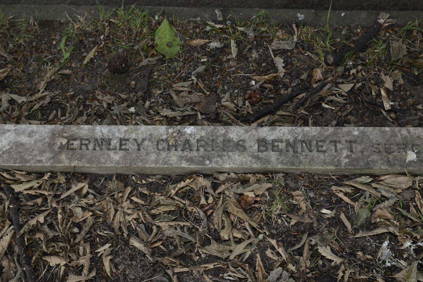 Part of the inscription on the grave of Ernley Charles Bennett, of the 2nd Battalion Royal West Kents, in Sittingbourne Cemetery