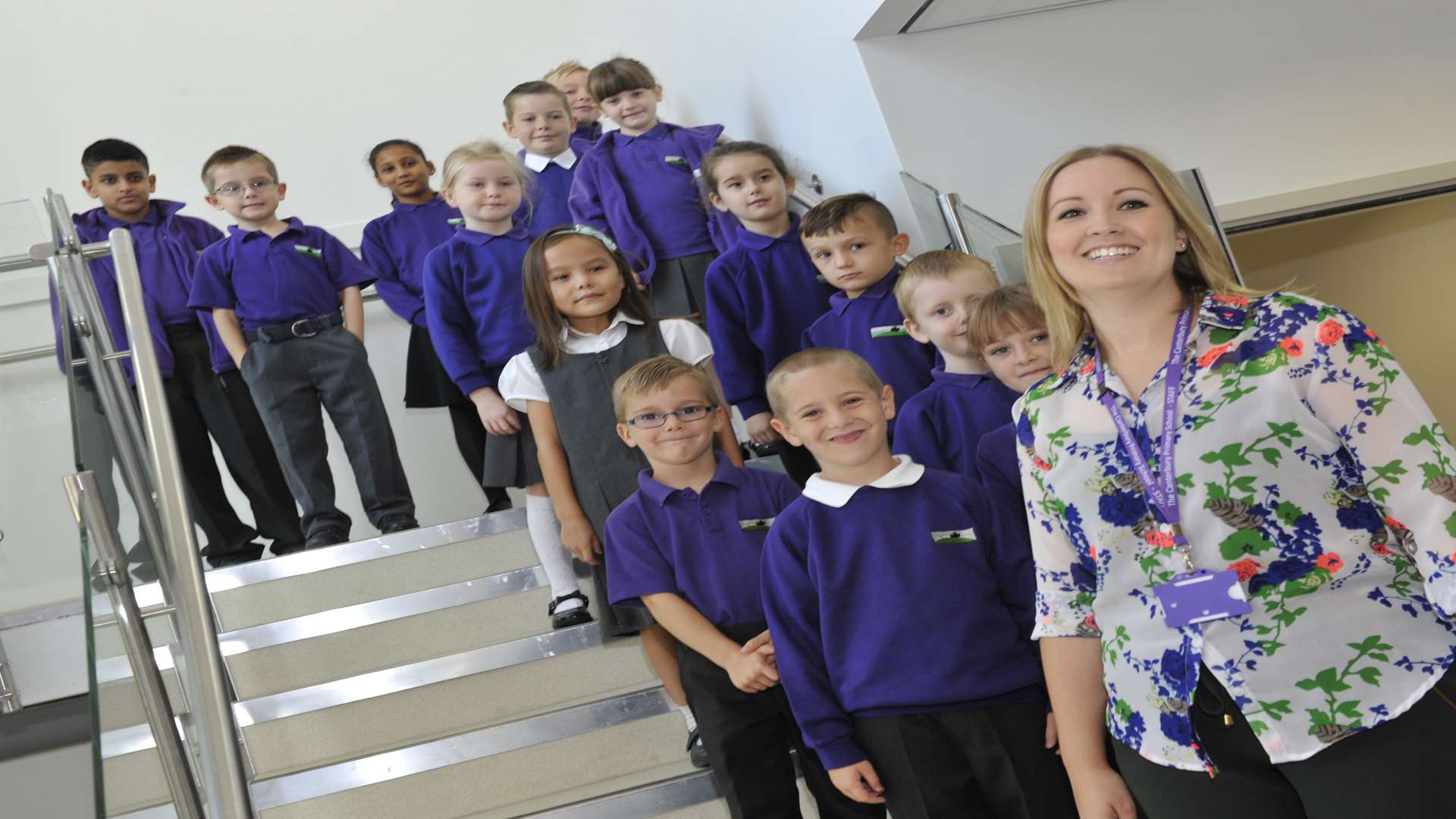 Children at the new primary school with vice principal Beth Wilson. Picture: Tony Flashman