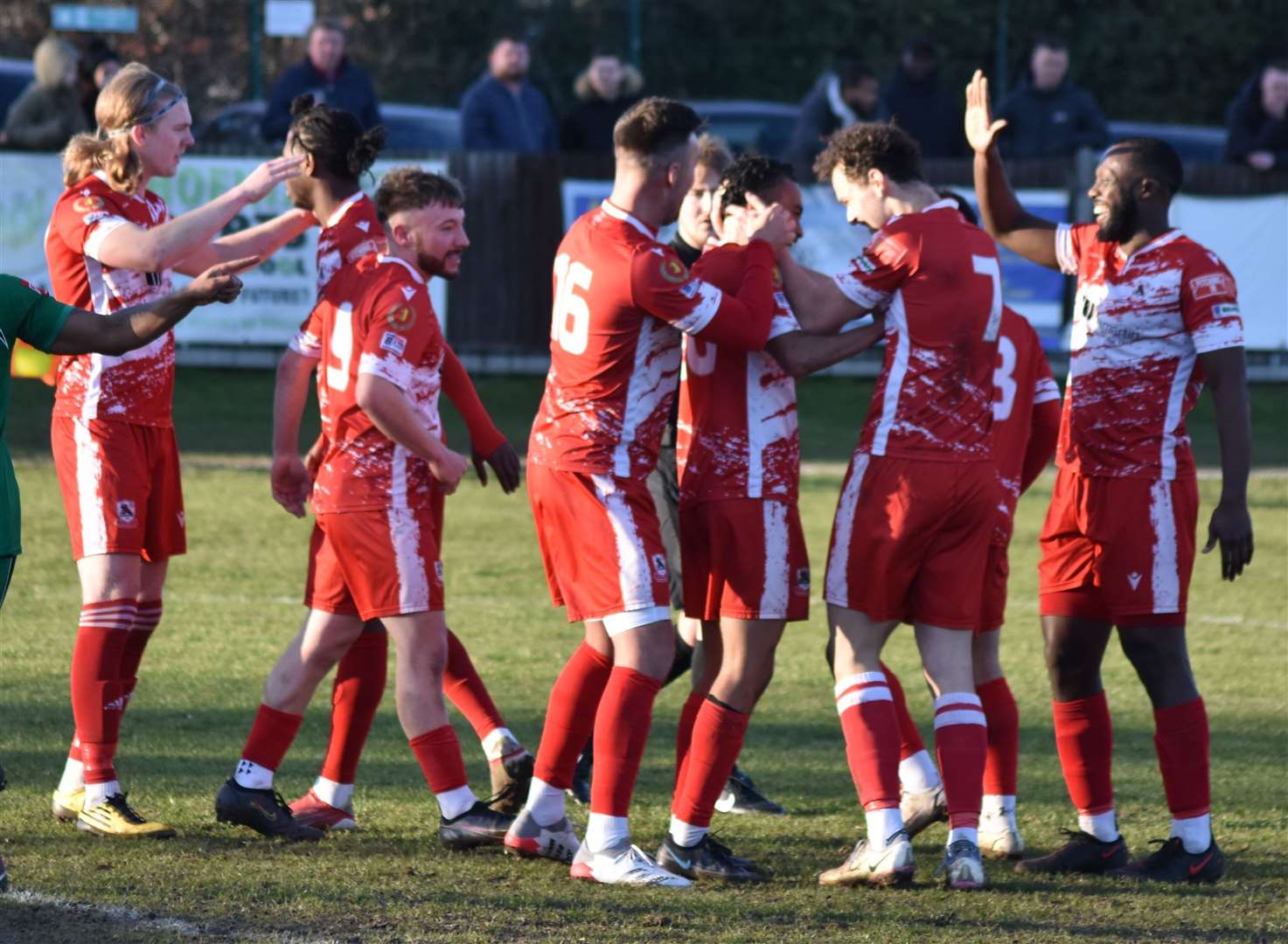 Ramsgate players celebrate after the third goal at Phoenix, scored by Tijan Jadama Picture: Alan Coomes