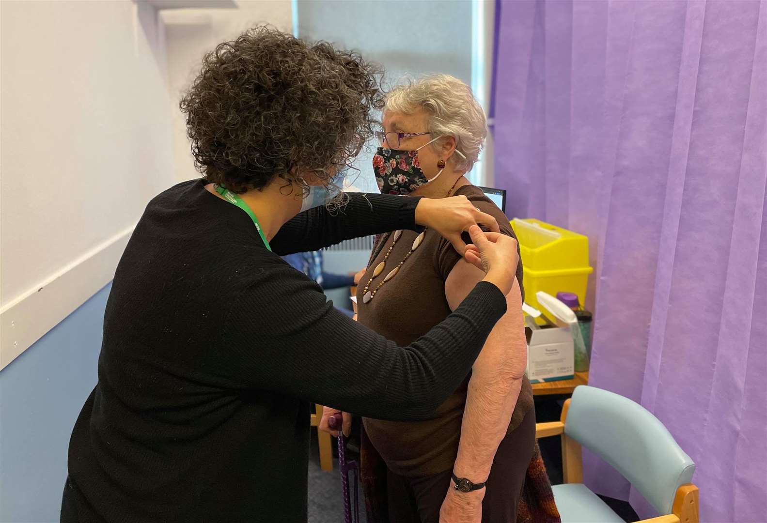 Dr Hilary Audsley, GP at The Chestnuts Surgery in Sittingbourne, giving patient Rowena Mount her first dose of the coronavirus vaccine today