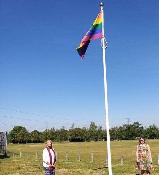 Parish Cllr Lesley Howells is joined by Cllr Kelly Grehan for Pride Month in Stone