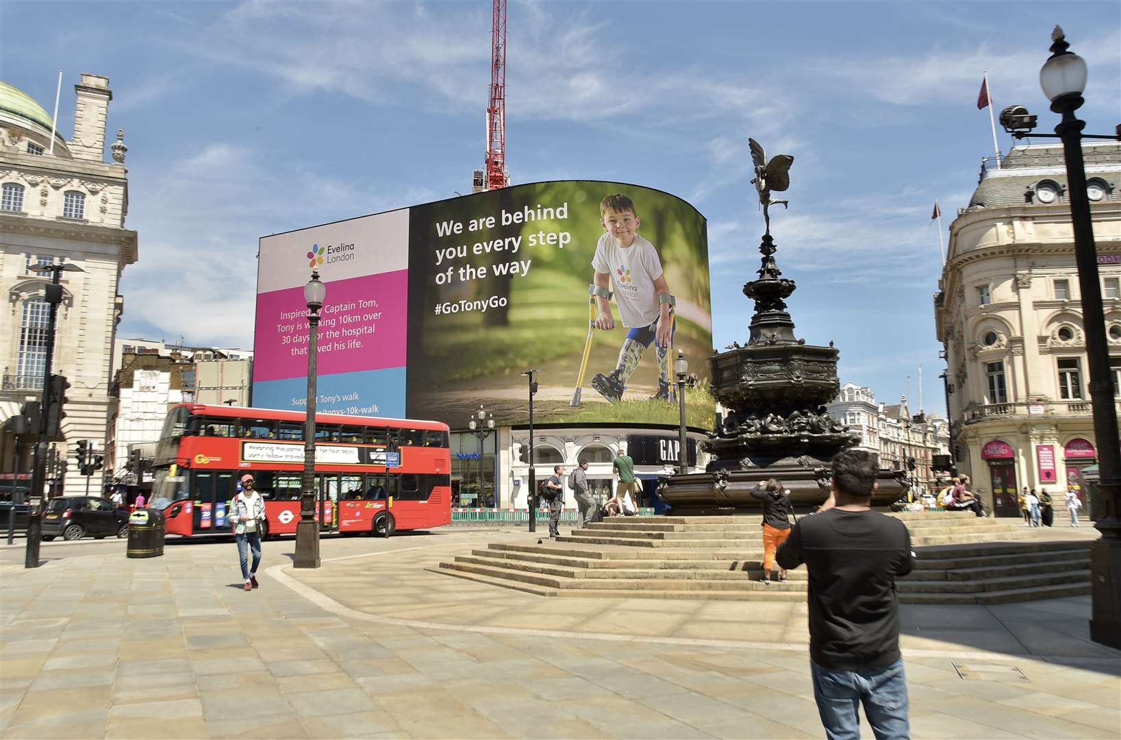 Tony Hudgell on an electronic billboard in London's Piccadilly Circus. Picture: David Tett