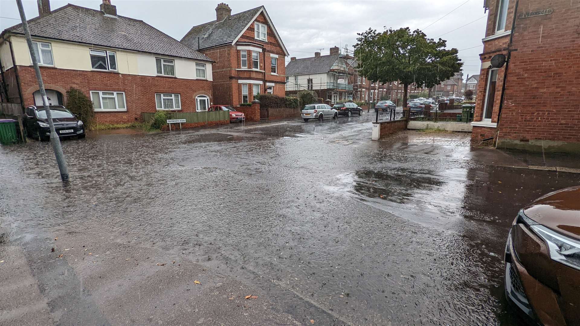 The dry spell was ended in dramatic fashion as sudden thundery rain storms hit Folkestone and turned these roads in Cheriton into rivers