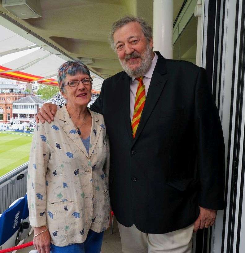 Sheena Recaldin, chair of Chevening Amblers and an MCC Community Cricket Hero for her work in saving the club, with MCC president Stephen Fry at Lord's