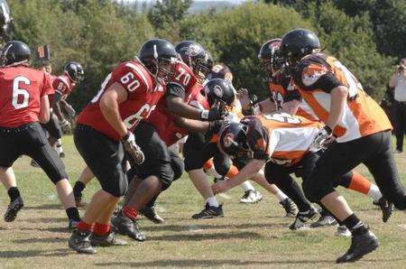 American Football action from the East Kent Mavericks and Maidstone Pumas match at Canterbury University on Sunday.