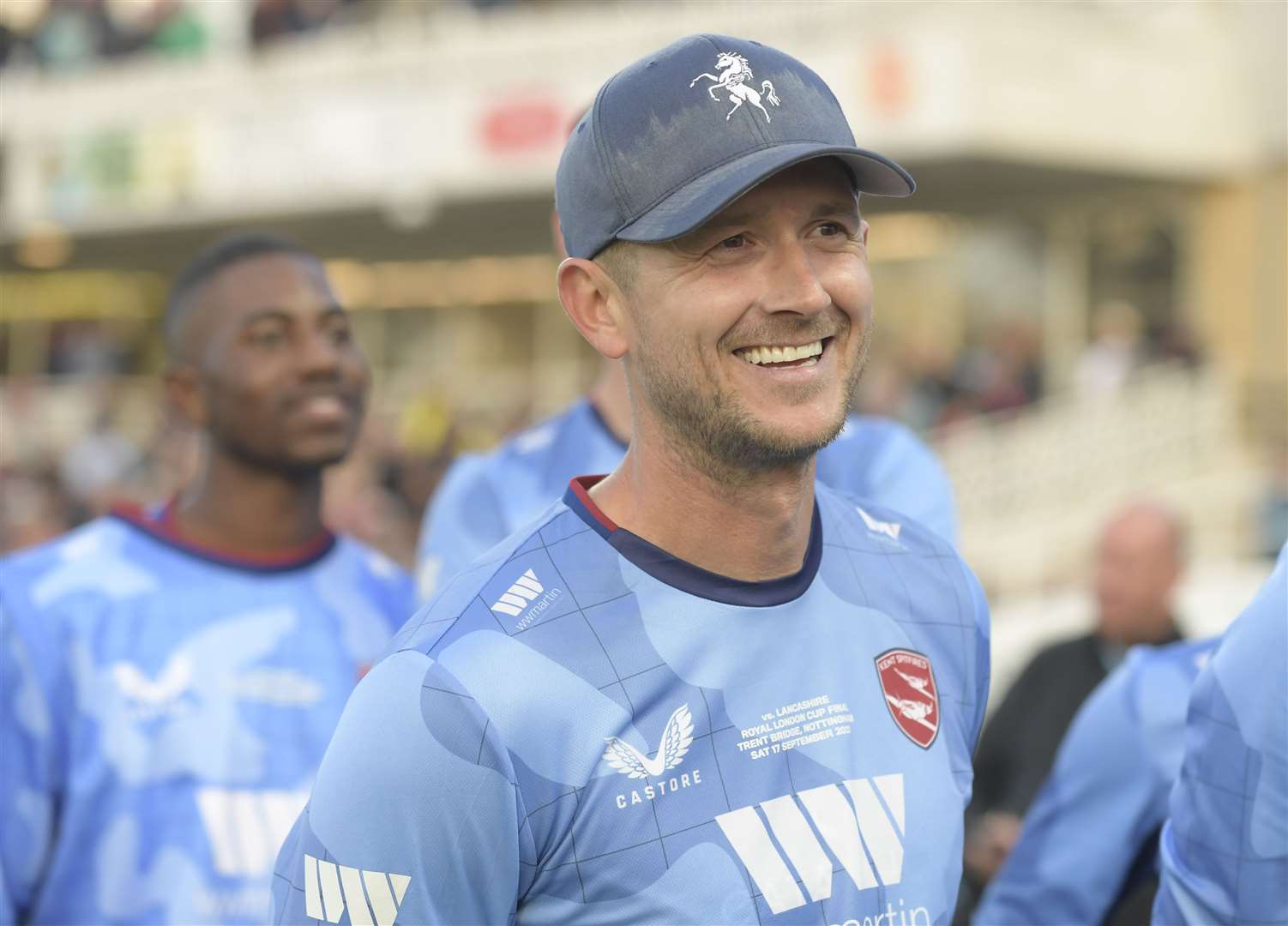 Kent Spitfires captain Joe Denly is all smiles after beating Lancashire at Trent Bridge on Saturday. Picture: Barry Goodwin