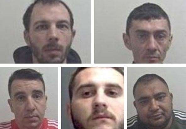 Valeriu Cobzarencu, Andrei Stefan, Vincentiu Gheorghe, Ionut-Razvan Gheorghe and Alin Chica worked together to steal alcohol from stores in London, Kent, Essex and Norfolk. Picture: SWNS