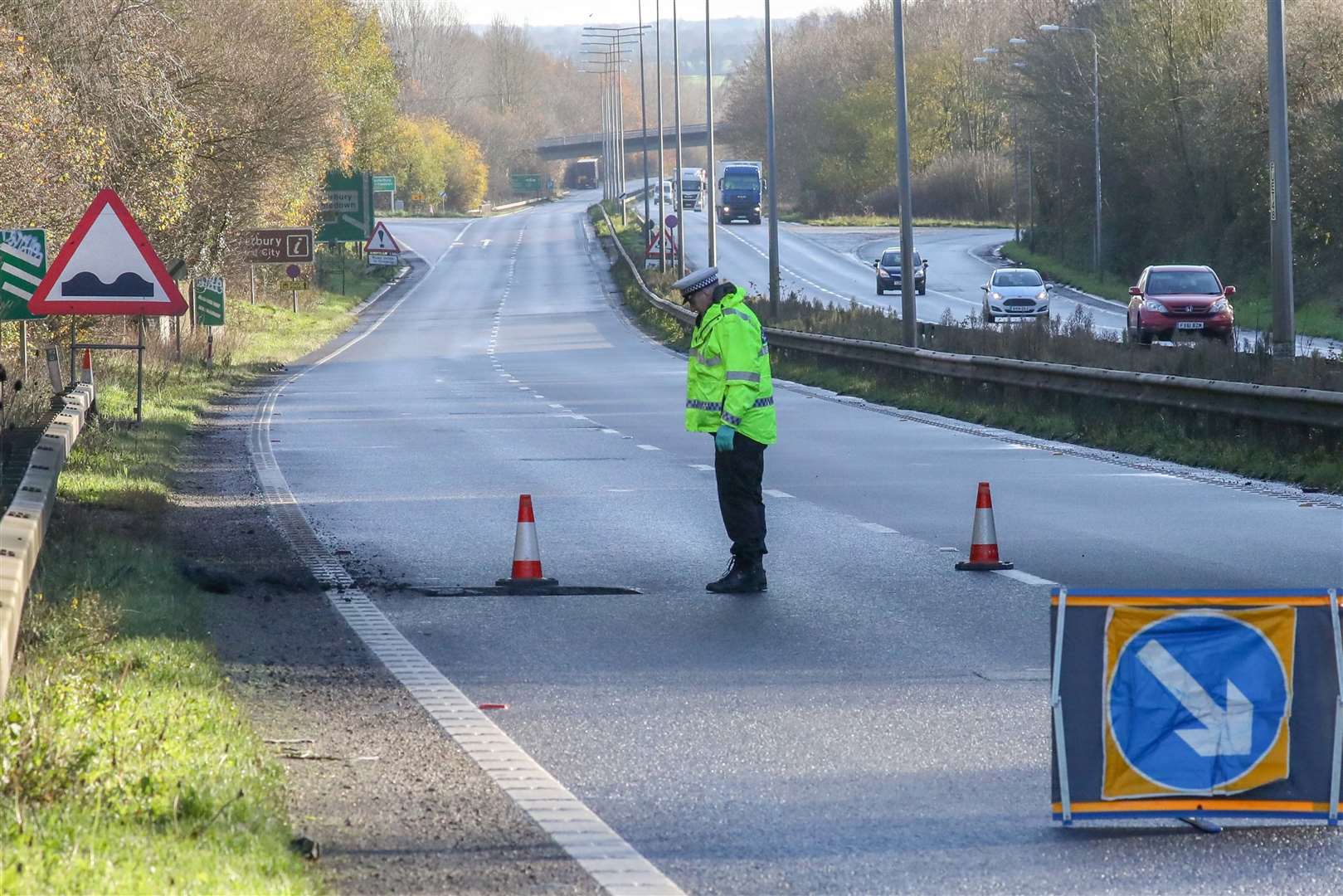 A pot hole has appeared on the A2 near Canterbury. Picture: UKNiP