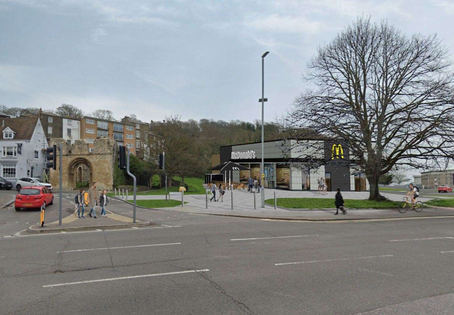 A computer-generated image shows St James’ Church and how the planned McDonald's could look in Dover. Picture: Planware Ltd