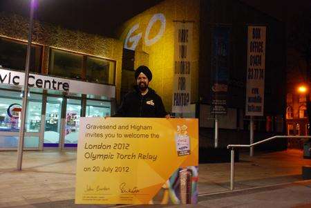 Mayor Cllr Tanmanjeet Singh Dhesi outside Gravesham Civic Centre just after midnight on Monday, November 7, when it was announced the Olympic Torch would be coming to Higham and Gravesend