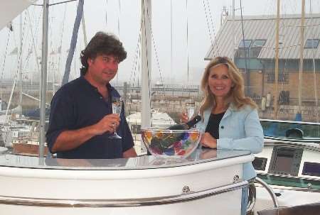 Michael Bilkus and Helen Bettles toast the success of the Elegance motor yacht at Dover Marina