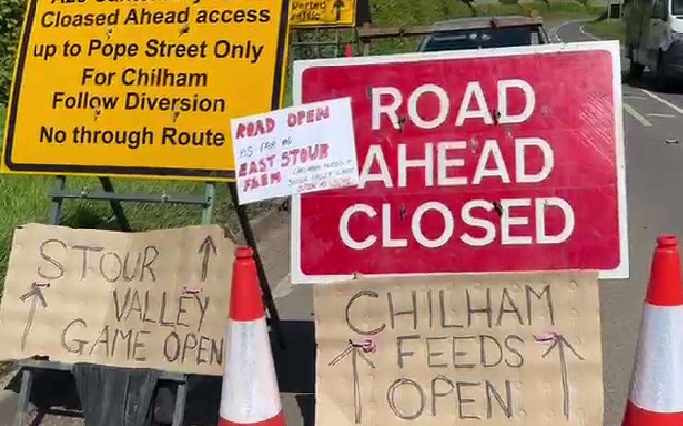 Business owners added signs to road closure warnings on the A28 between Canterbury and Ashford telling customers they are open as normal. Picture: Sue Lynsdell