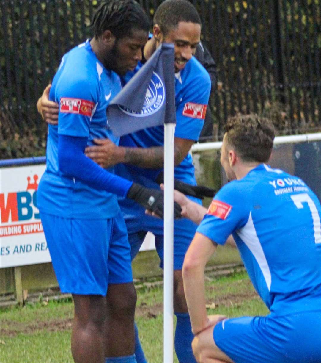 Bode Anidugbe’s unusual celebration following his goal in Herne Bay's 2-1 win over Lancing on Saturday. Picture: Keith Davy