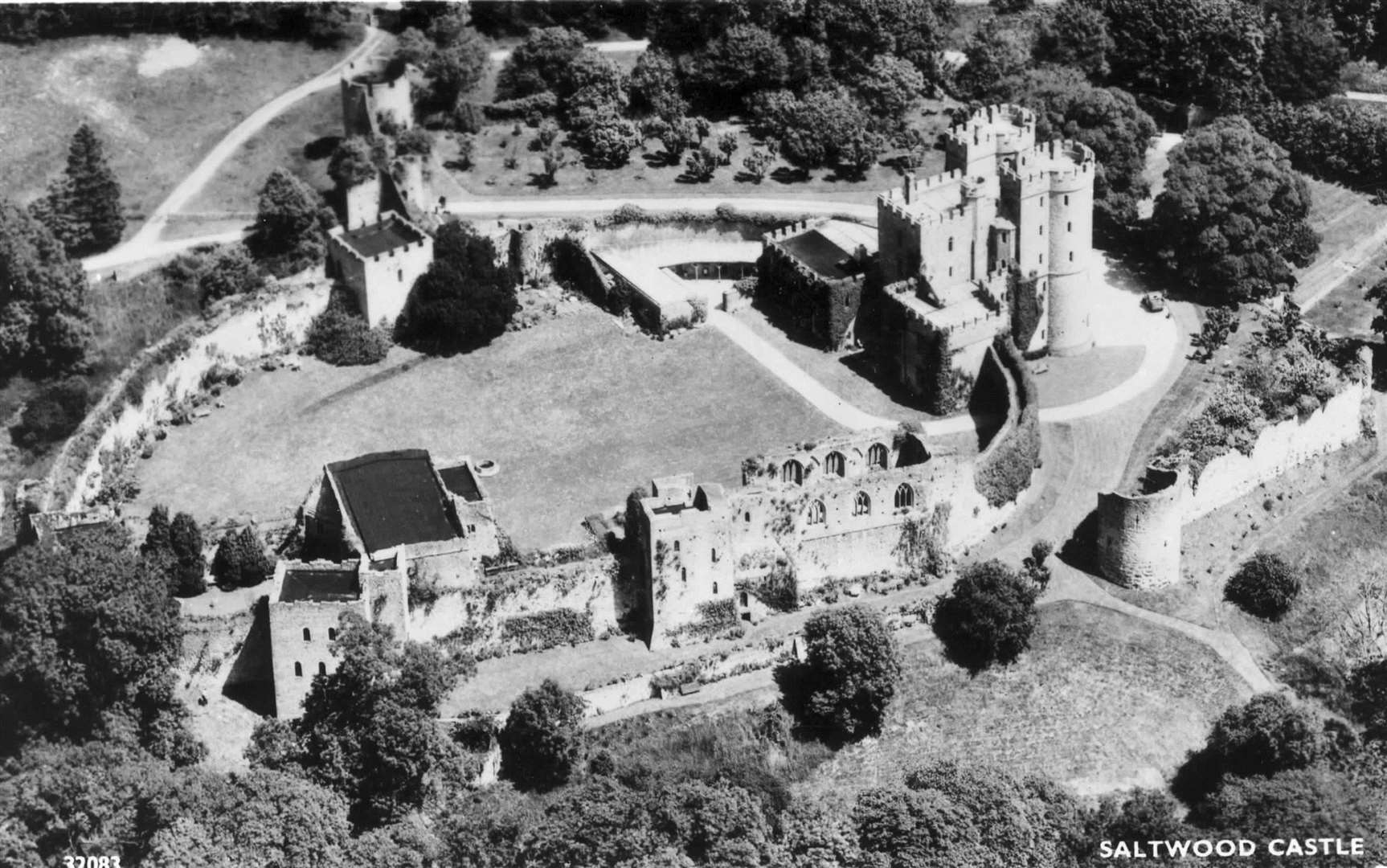 An aerial shot of Saltwood Castle. Our archive states this shot is from a Saltwood Castle Christmas card, dated 1959
