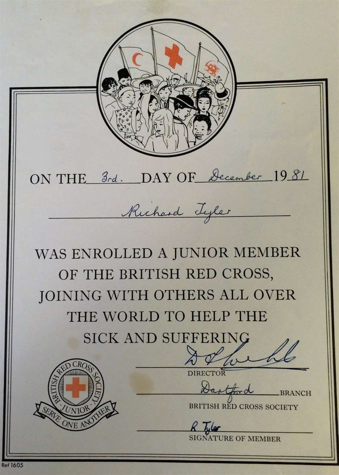 Richard Tyler’s junior membership certificate, given to him at the age of 10.