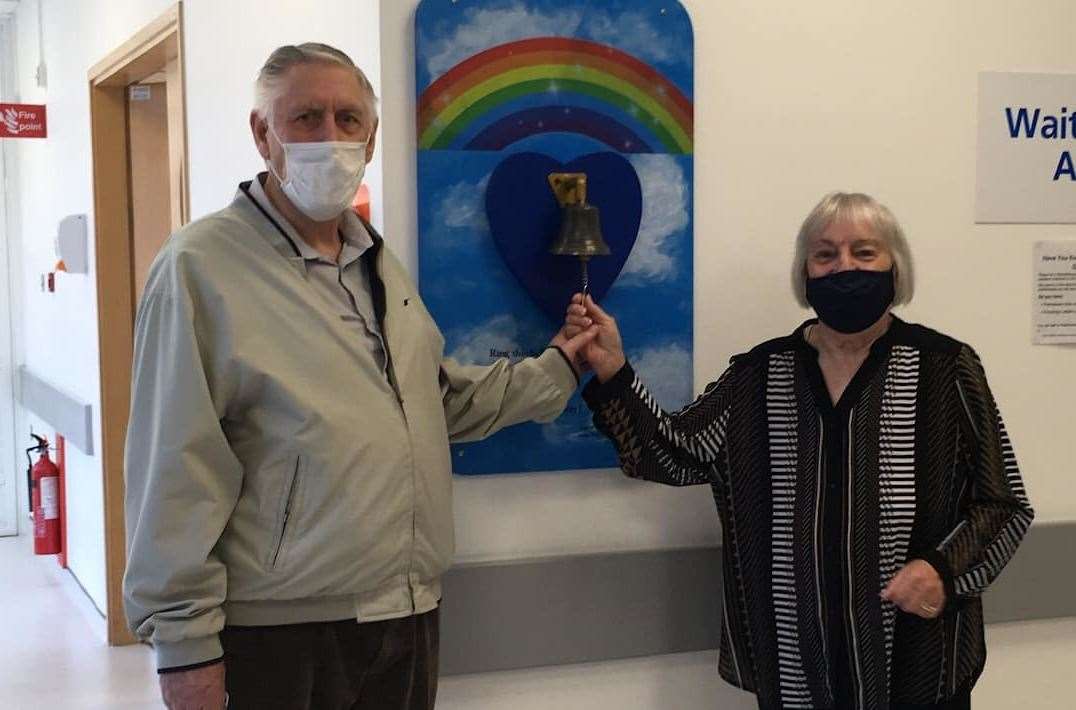 Sally and Robert Jolley ring the bell together at Maidstone Hospital. Picture: Rachel Jolley-Walker
