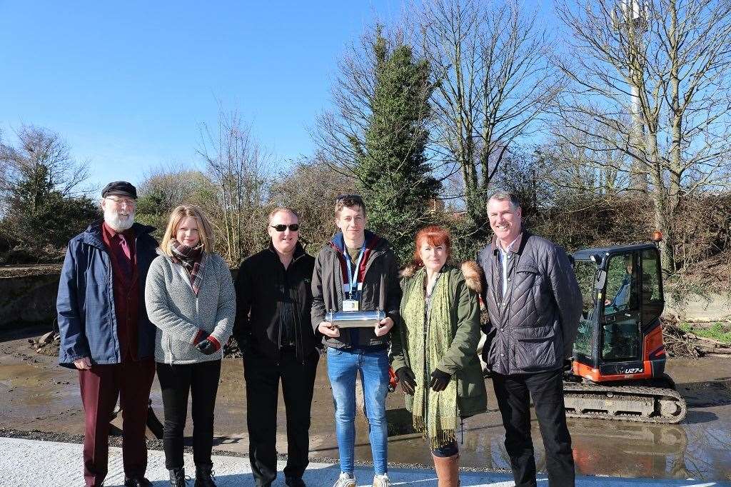 Work starts on Sittingbourne's £240,000 skateboard park with, from left, Cllr Ghlin Whelan, Tanya Mitchel and George Collins from Brogdale CIC, Dave Green from the Skatepark Steering Group, Rebecca O’Neill (Brogdale CIC) and Cllr Mike Whiting (7634040)