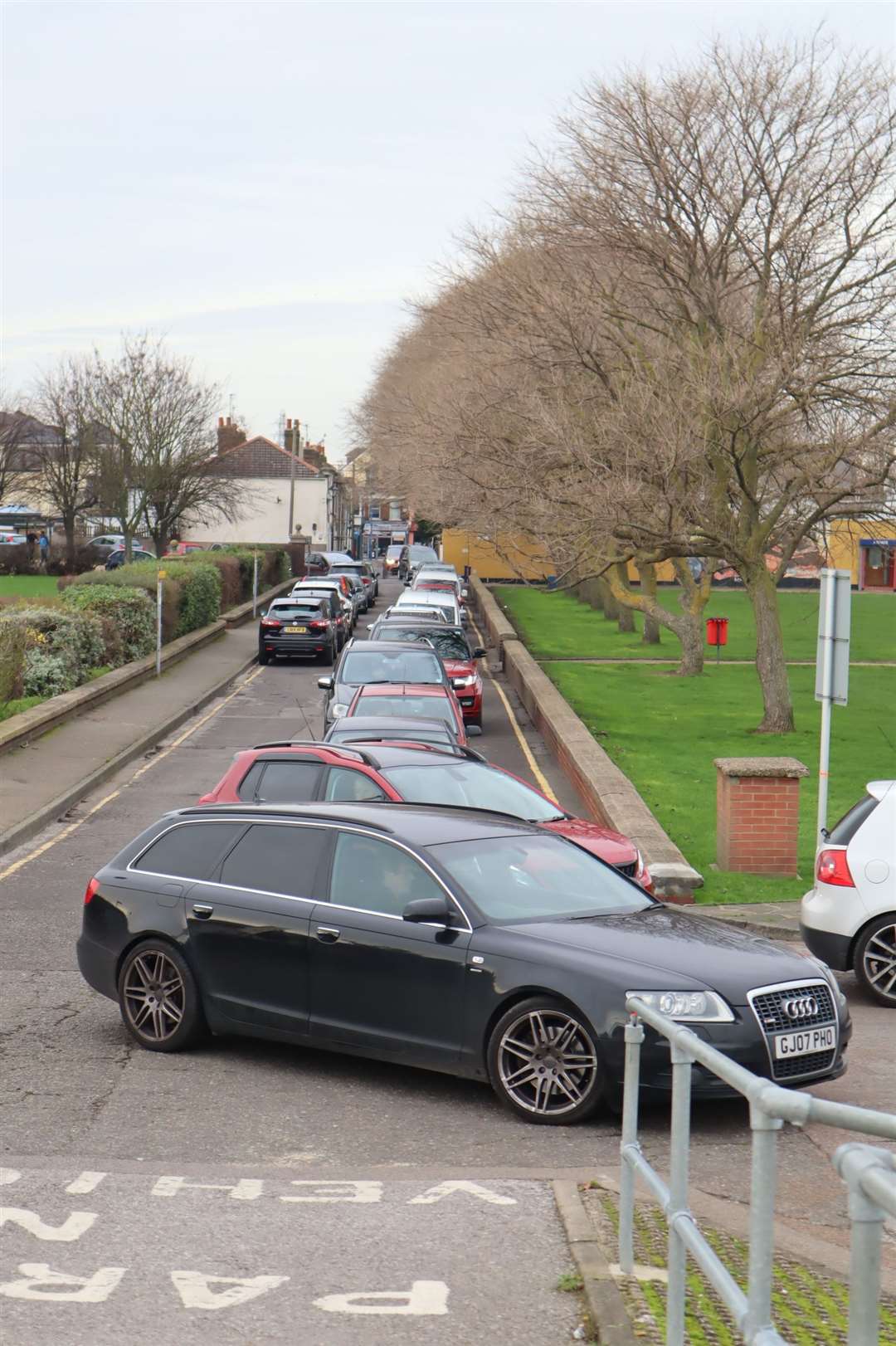 Cars queuing for coronavirus tests at Beach Street, Sheerness