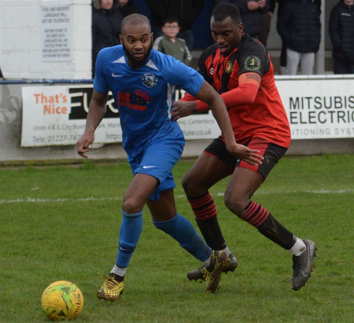 Action from Herne Bay's last game, a 2-1 home win over Sittingbourne, on March 7. Picture: Chris Davey