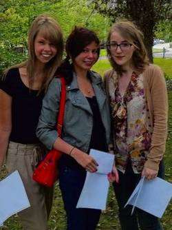 Pupils celebrating A-level results at Fort Pitt Grammar School for Girls. From left – Aston Brand, Mary-Laine Friday and Helen Kinney