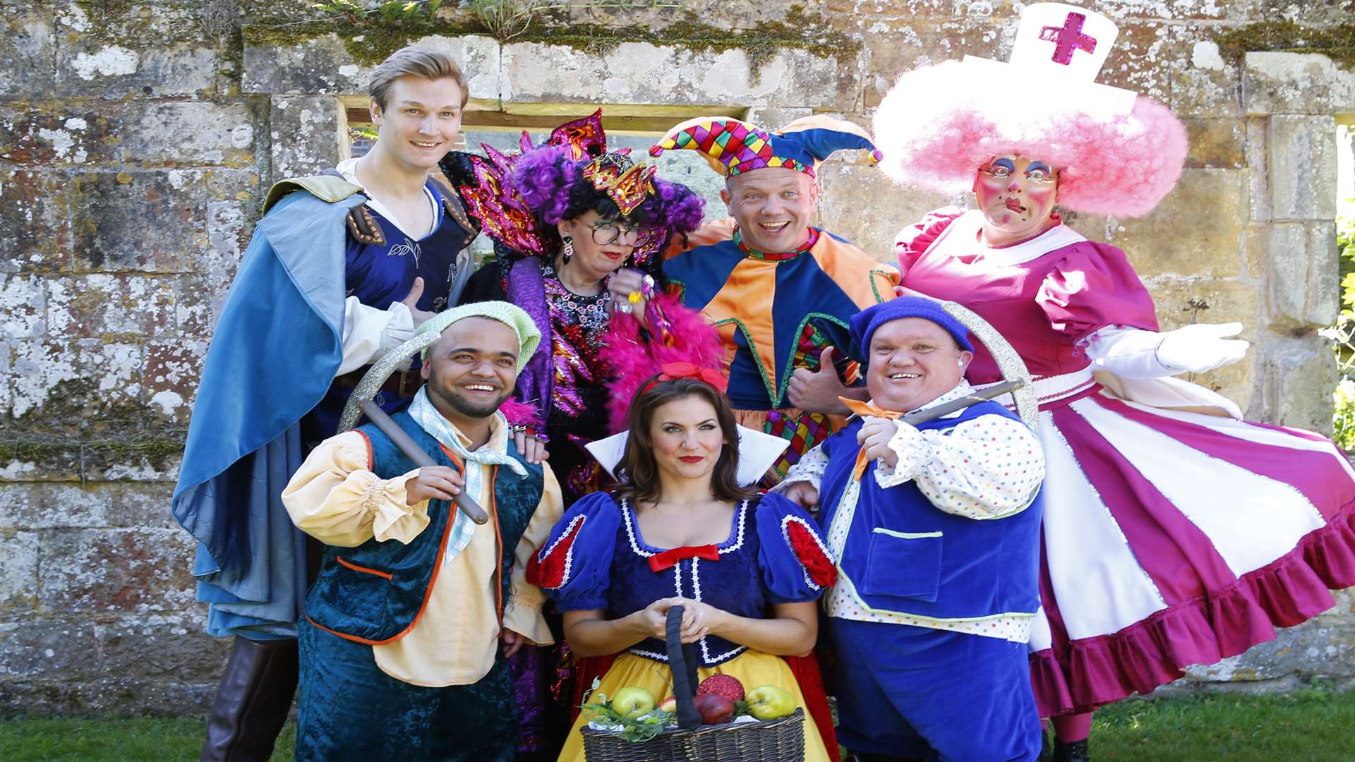The cast of the Assembly Hall Theatre's panto, Snow White and the Seven Dwarfs