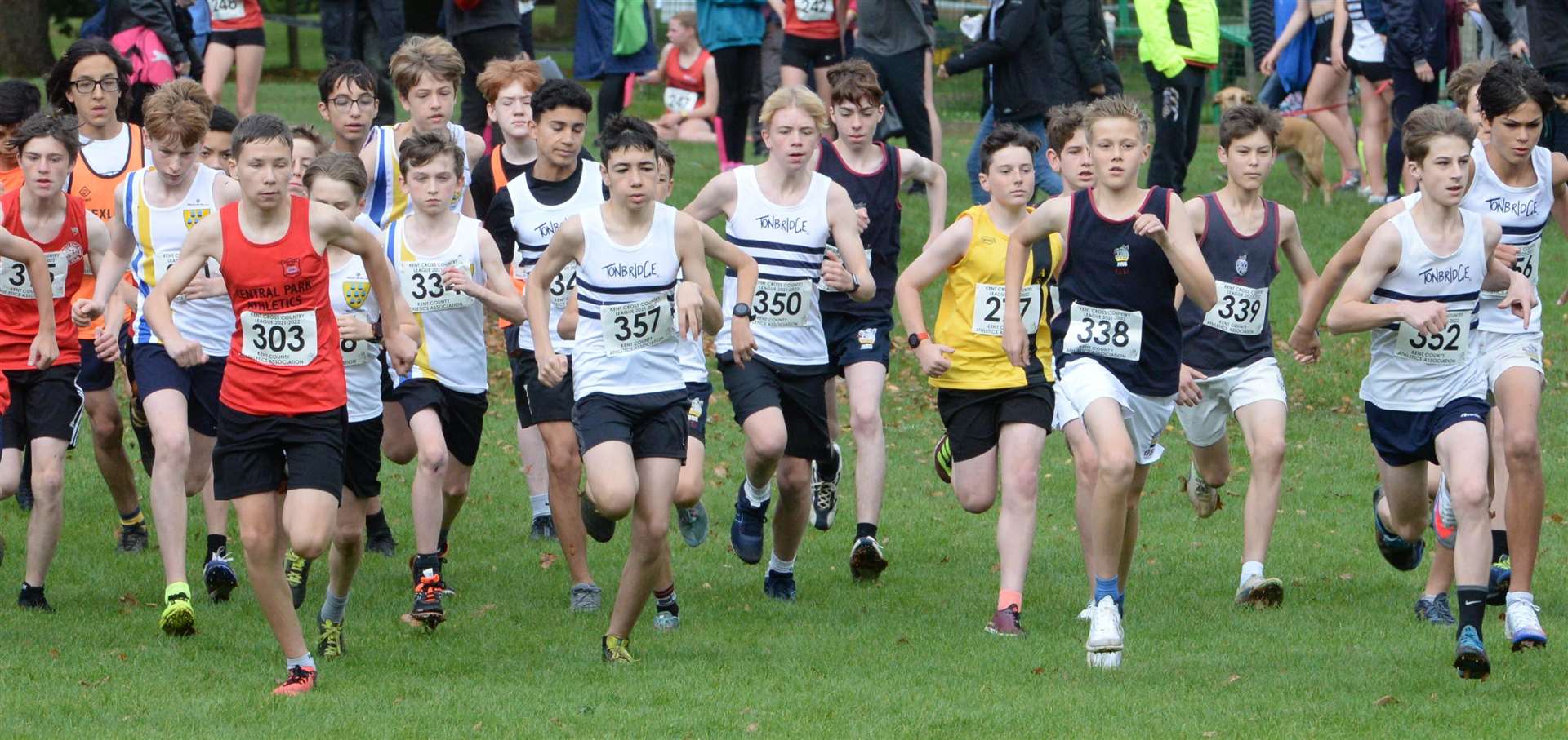 303 Jake Greenwood (Central Park Athletics), 357 Daniel Jeddo (Tonbridge AC) and 338 George Bishop (The Judd School) jostle for position in the under-15 boys' race at the Kent Cross-Country League at Swanley Park on Saturday. Picture: Chris Davey