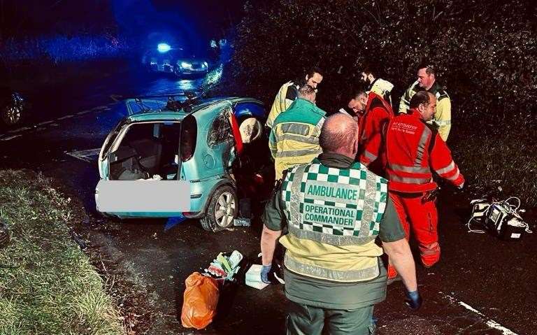 A man was freed from his car by firefighters following a serious collision in Cockering Road, Chartham. Picture: Kent Police