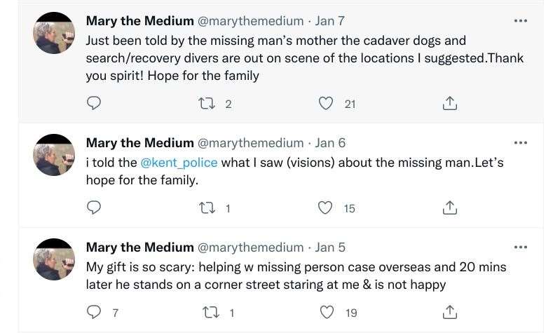 Tweets by @marythemedium in January, months before Alex Holland was found