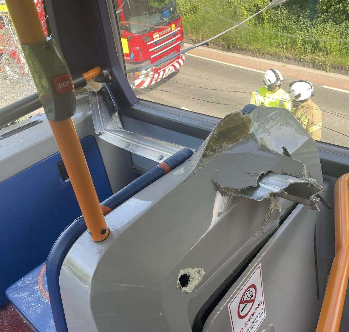 The metal strut which impaled a chair on a Stagecoach bus in a crash in Sturry Road, Canterbury. Picture: Ellie Joels