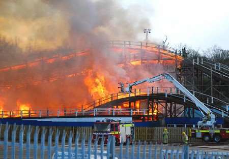 The famous Scenic Railway rollercoaster goes up in flames. Picture: Nick Evans