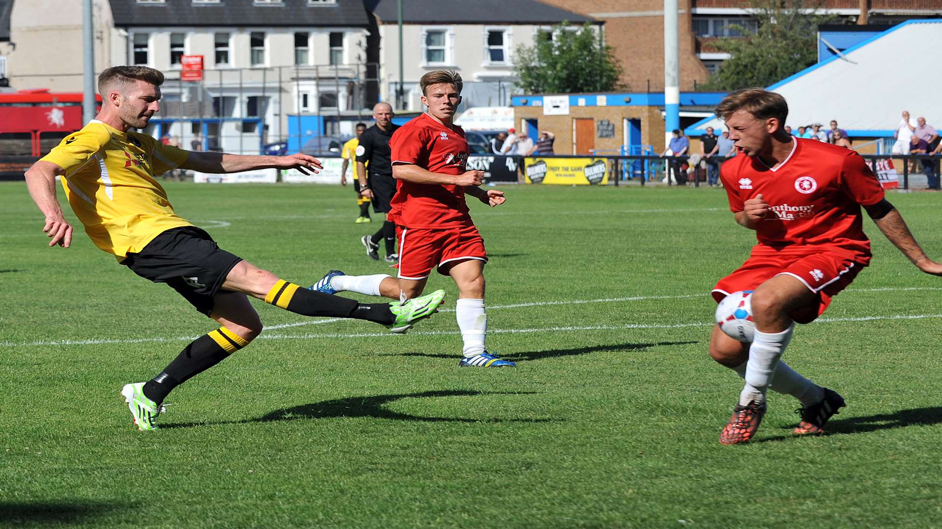Former Fleet loan player Ben Jefford feels the force of this shot. Picture: David Brown