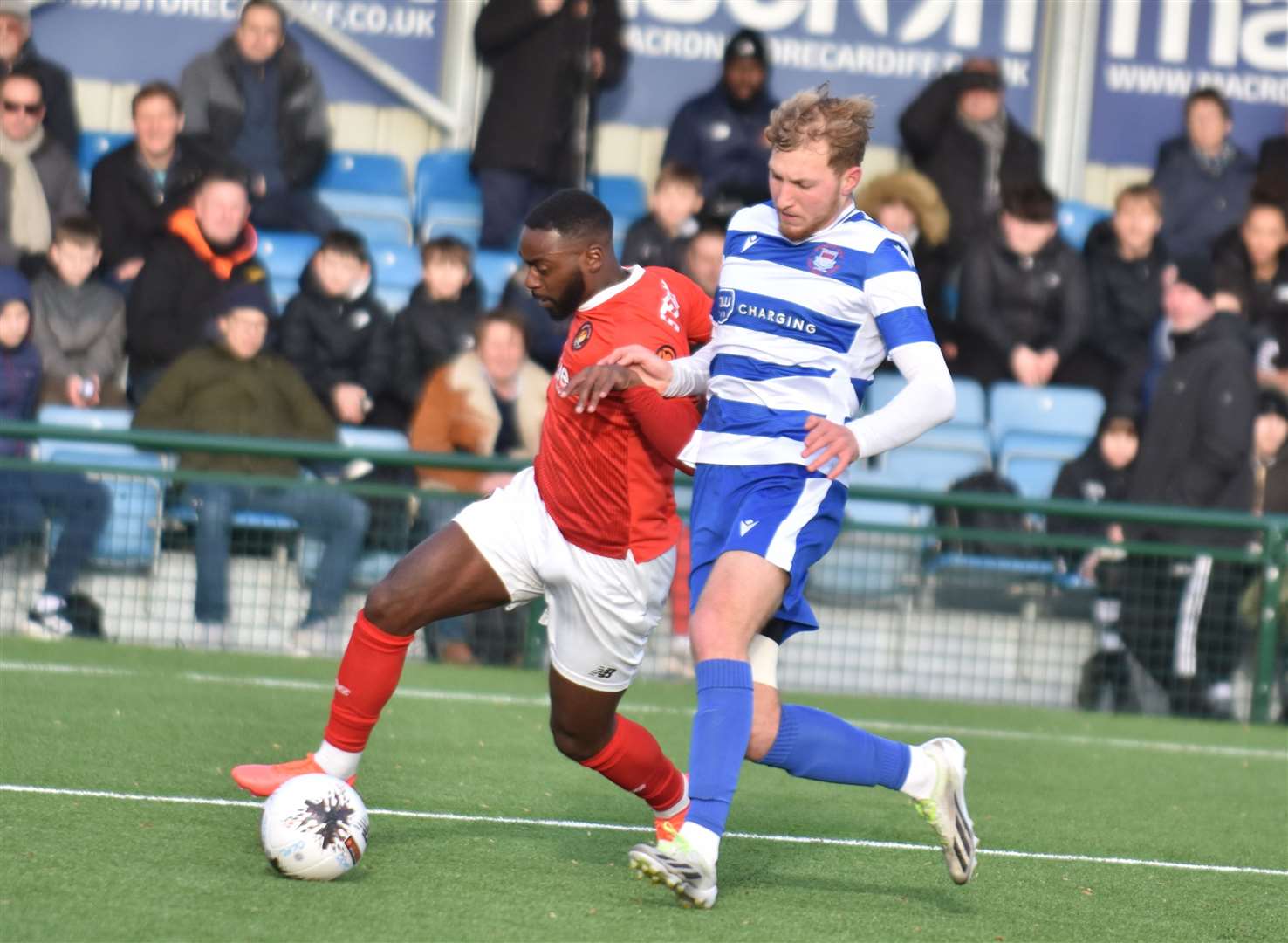 Ebbsfleet’s Omari Sterling-James runs at the Oxford City defence on Saturday. Picture: Ed Miller/EUFC