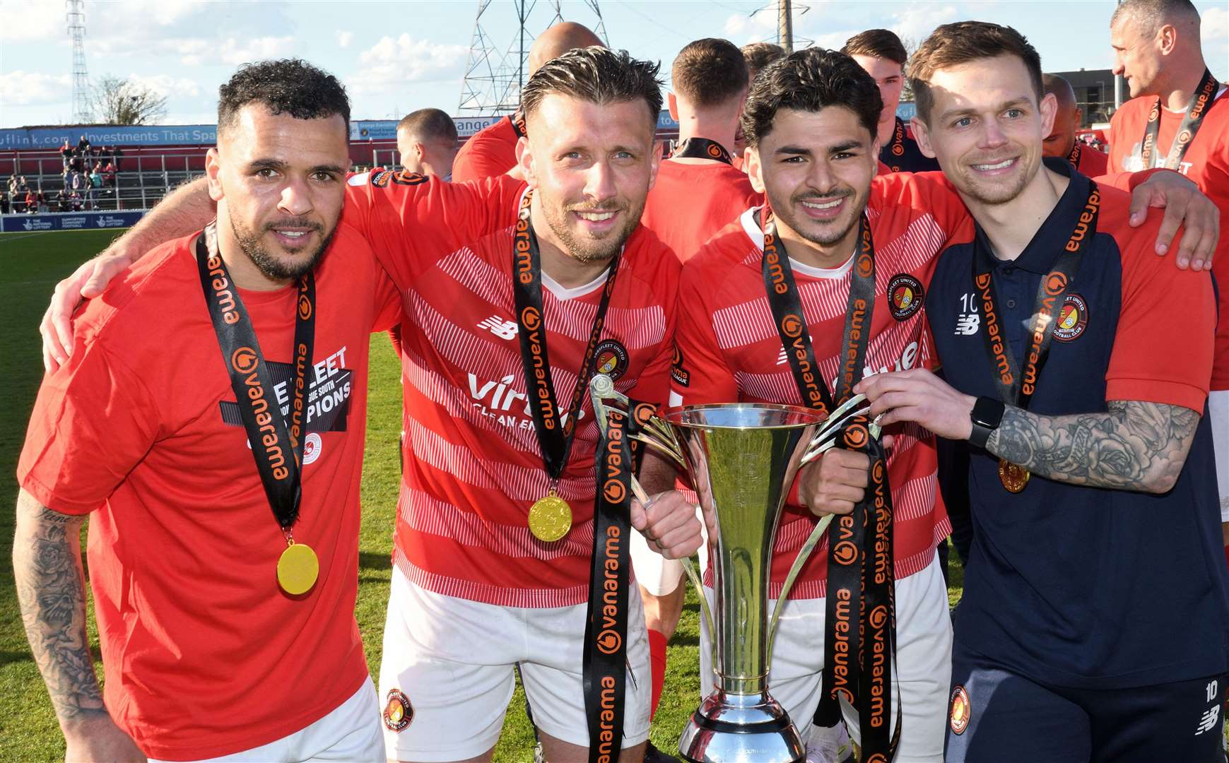 Toby Edser, second right, with Craig Tanner, right, celebrate the Fleet’s title-winning season alongside Billy Clifford and Luke O’Neill. Picture: Simon Hildrew