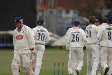 Kent captain Rob Key walks back having being removed for 3. Picture: BARRY GOODWIN