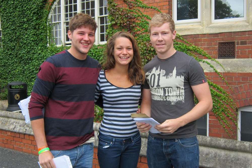 Big smiles after getting great A-level results for St Lawrence College students, from left: Nicholas Prosser, Abigail Scott and Timothy Collins.